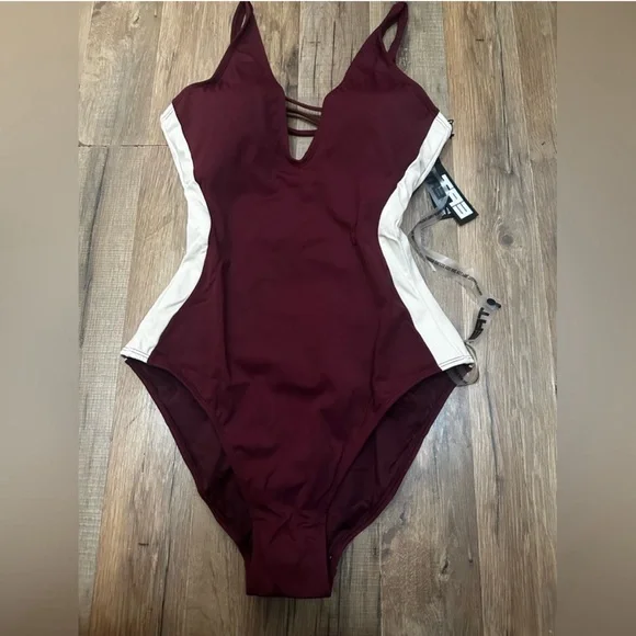 TA3 Plungey Contour One Piece Swimsuit NWT Medium XLong Dark Cherry/ Oat - Picture 4 of 7